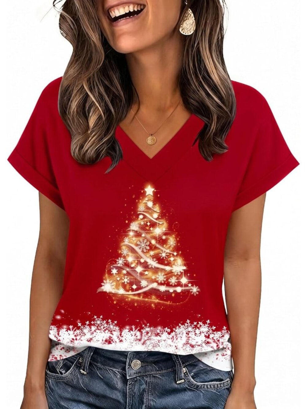 Women's Christmas Red Short Sleeve V Neck Basic Tees Shirts Casual Tops Blouses